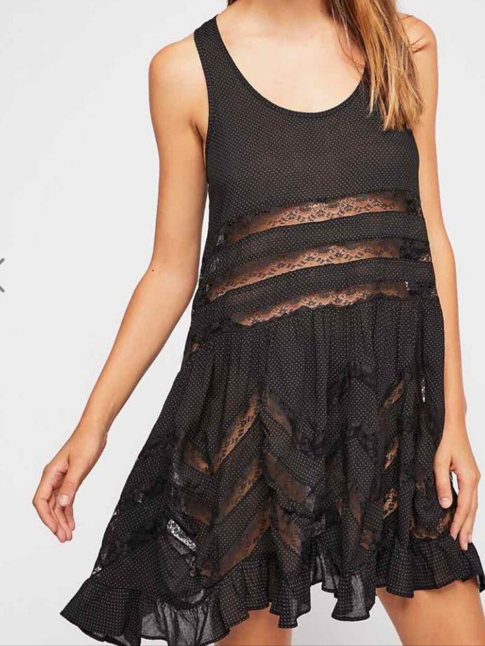 Intimately Free People Black Voile Lace Trapeze Sheer Slip Dress Tunic Large